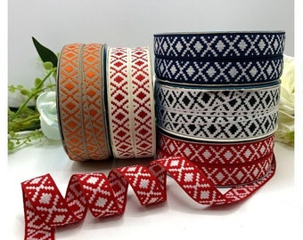 Nordic boho ribbons, 18mm / 0.7 inch reversible woven geometric design in 5 colours - sold in 1m 3m 5m increments