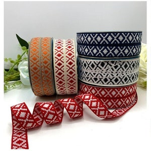 Nordic boho ribbons, 18mm / 0.7 inch reversible woven geometric design in 5 colours - sold in 1m 3m 5m increments