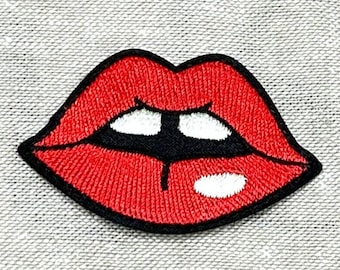 Red Lips patch, iron on sexy mouth patch for jeans, jackets, rock chick badge - 2 inch x 1.5 inch