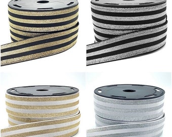 40mm Sparkly Elastic, thick quality  waistband elastic in black and white with gold or silver stripe - sold BY THE METRE