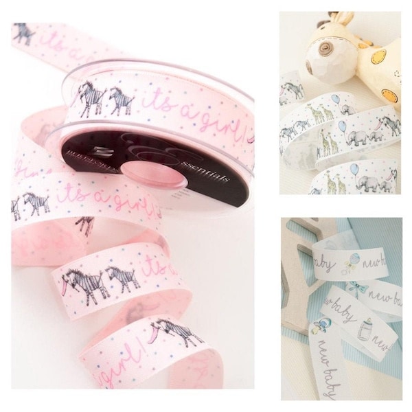 New Baby Ribbon - It's a Girl - New Baby Girl Embellishment - Animal Parade - 25mm - 1" Gift Wrap - Pink It's a Girl Ribbon - Baby Shower