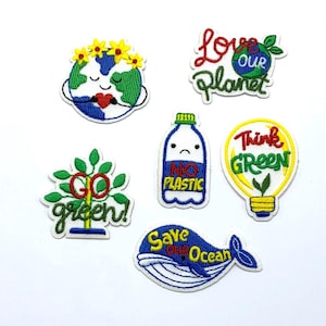 Parches termoadhesivos ecológicos, insignias de reciclaje para salvar el planeta.