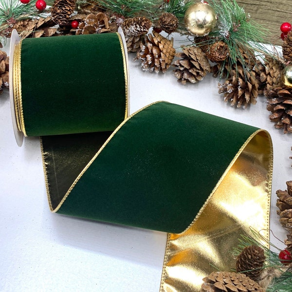 4" Wired Dark Green Velvet Ribbon with metallic gold back for Christmas bows, floral decorations, door wreath - 10cm wide - PRICED PER METRE