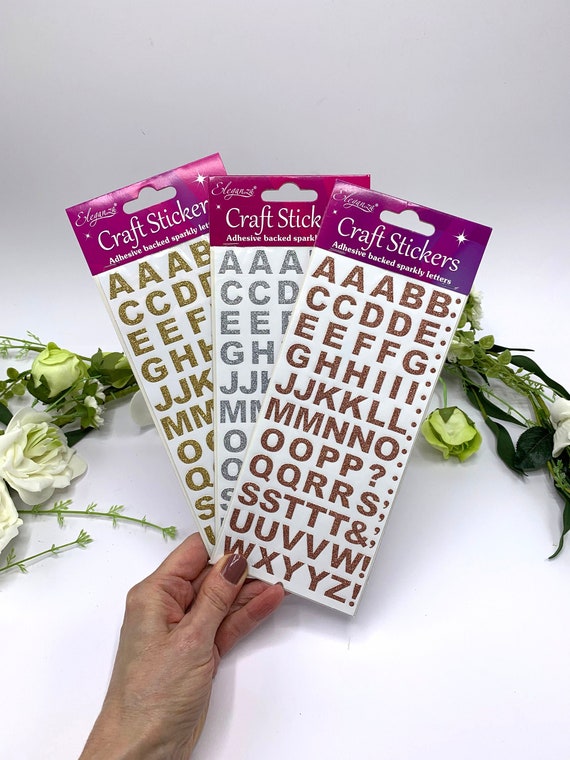 Glitter Letter Stickers, Bold Capital Letters in Gold, Silver or Rose Gold,  Peel off Sparkly Letter Embellishment for Cards and Weddings 