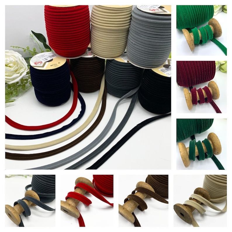 Flanged 10mm velvet piping cord, 3mm cord 7mm insertion tape for cushions, bags and home decor seams, premium quality velvet in 7 colours image 1