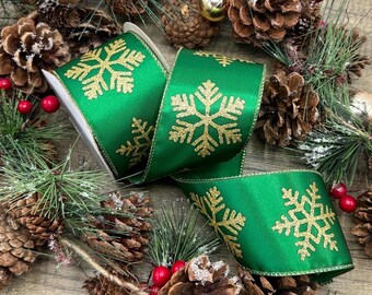 2.5 inch wired green ribbon with gold glitter snowflake trim for bows, wreaths and holiday decorations - 5 metre or 10 metre