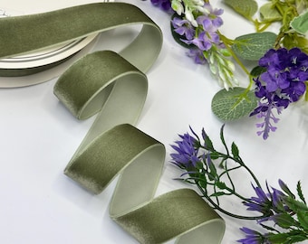 Dusty sage green velvet ribbon 9mm 16mm and 22mm widths for gift wrap bows, weddings and hair accessories