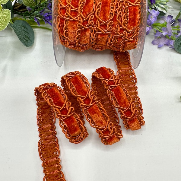 Burnt Orange velvet trim luxury chenille braid for dressmaking, upholstery, lampshades, furniture and home decor -5/8" 16mm wide