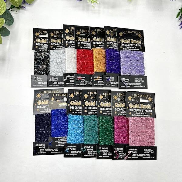 Lincatex Decorative Glitter Thread, 10 metre skein in 14 colours for personalising sewing and knitting projects