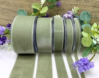 Sage Green velvet ribbon for weddings, invites, flowers and decorations, Berisfords premium quality, 5 widths narrow to wide - 2m to 20m