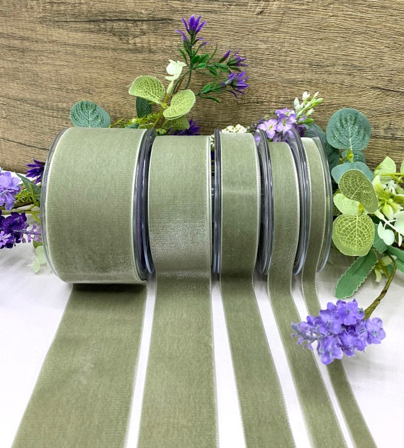 Sage Green Velvet Ribbon for Weddings, Invites, Flowers and Decorations,  Berisfords Premium Quality, 5 Widths Narrow to Wide 2m to 20m 