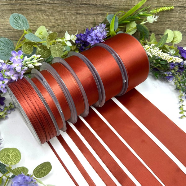 Rich Terracotta double satin ribbon in 7 widths, wedding favours, sash belt, hair and flower ribbon, gift wrap and stationery