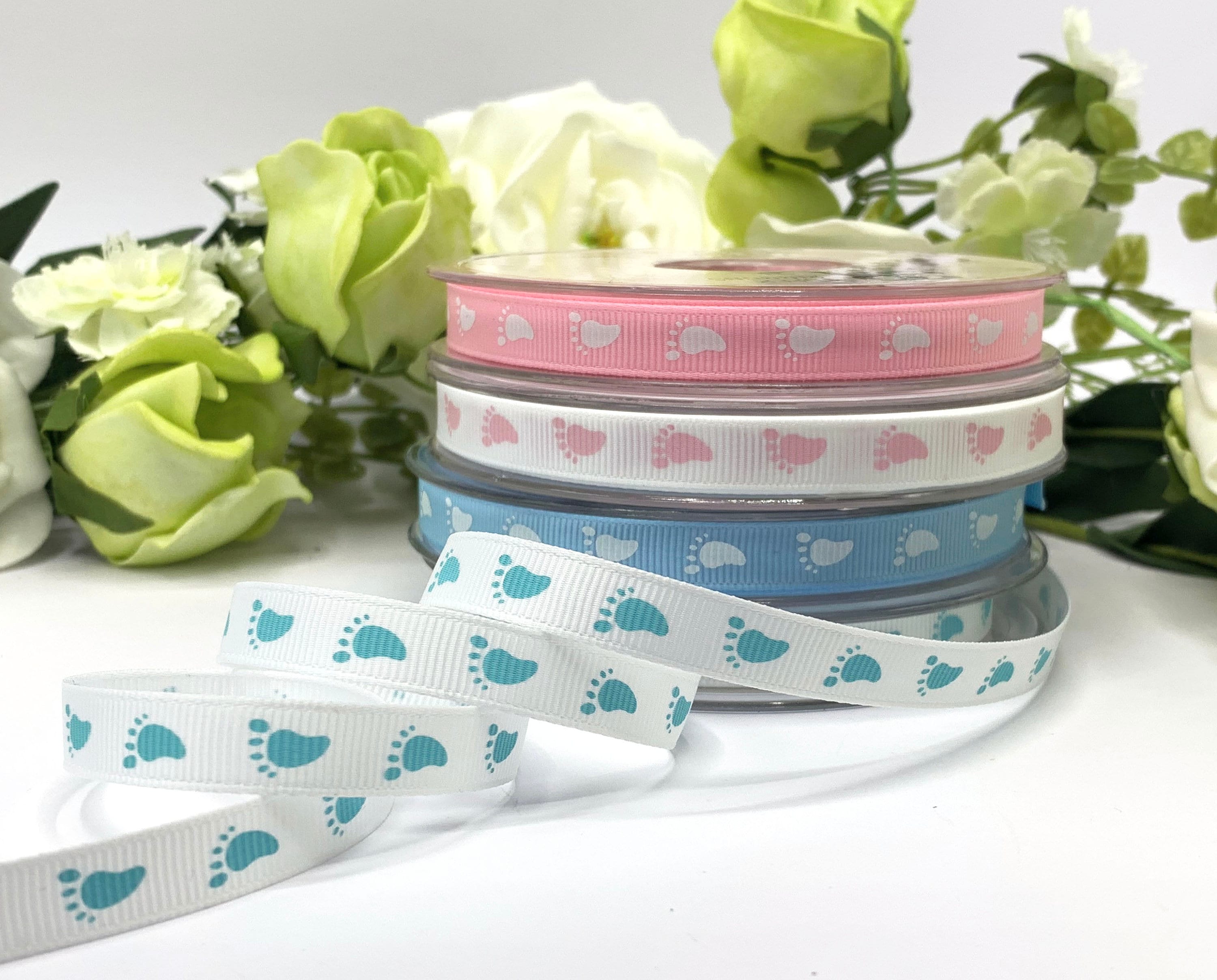 New Baby Ribbon, Baby Feet Embellishment, Pink Blue or White Grosgrai…