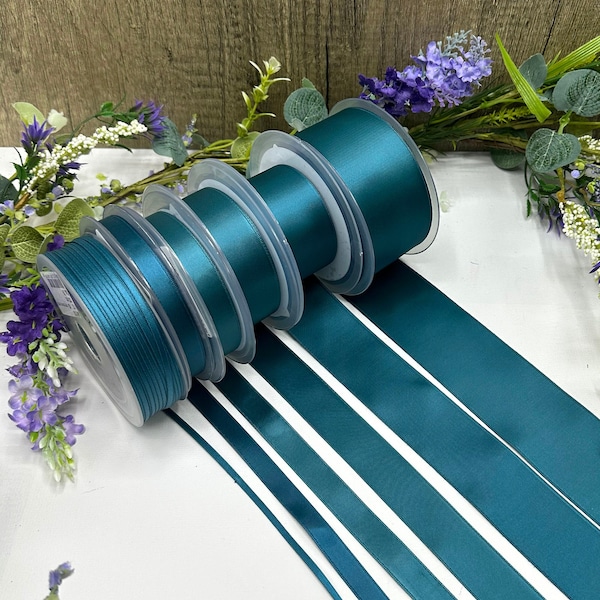 Ruban de satin double bleu sarcelle en 7 largeurs, écharpe de mariage, ruban pour cheveux et fleurs, emballage cadeau et articles de papeterie - 5 mètres ou 10 mètres