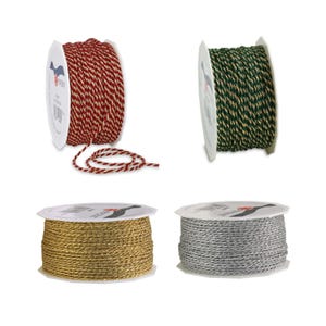 5 metri di cordino metallico intrecciato in oro, argento, verde/oro e rosso/oro - spessore 2 mm - cordino per confezioni regalo natalizie