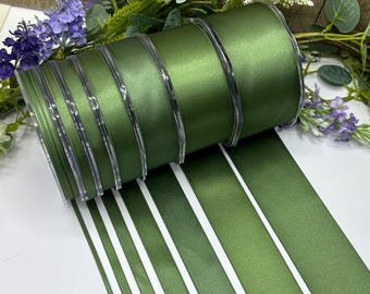 Nastro doppio in raso verde salvia brillante, 7 larghezze, lunghezze da 1 m a 20 m.