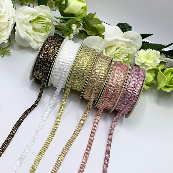 1/4 inch metallic knitted cord, sparkly flat braid for gift wrapping and corsages - Assorted Colours - Sold by the Metre