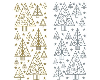 Peel Off Christmas Tree Stickers in Gold or Silver, Foiled Stick On metallic Christmas Star Embellishments for scrapbook and cards