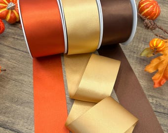 Autumn ribbon collection for wreath bows - 50mm double faced satin in Gold, Burnt Orange and Brown / 2 metre 5 metre or 10 metre packs