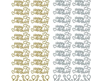 Happy Birthday Peel Off Stickers, foiled gold or silver embellishment for handmade birthday cards, scrapbooks, party invites - Hearts