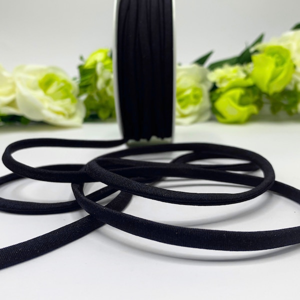 Black spaghetti elastic for swimwear, 5mm round elastic for bikini straps and ties, lingerie, hair bands and face masks
