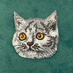 Könnte beinhalten: Gestickter Aufnäher mit einem Katzenkopf. Die Katze hat grau-weiß gestreiftes Fell, große orangefarbene Augen und eine kleine braune Nase. Der Aufnäher befindet sich auf einem dunkelgrünen Stoffhintergrund.