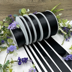 Black double sided satin ribbon, RECYCLED eco friendly trim for weddings, funerals, anniversary gifts - 7 widths in 1m to 20m increments
