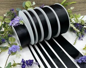 Black double sided satin ribbon, RECYCLED eco friendly trim for weddings, funerals, anniversary gifts - 7 widths in 1m to 20m increments