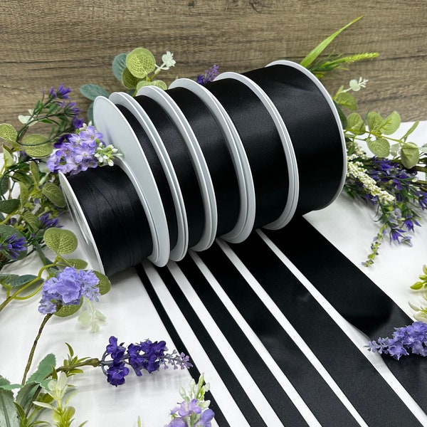 Black double sided satin ribbon, RECYCLED eco friendly trim for weddings, funerals, anniversary gifts - 7 widths in 1m to 20m increments