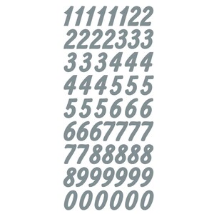Op de afbeelding: Een set grijze vinylcijfers, elk cijfer wordt zes keer herhaald. De cijfers zijn in een gestileerd lettertype en vari&euml;ren van 0 tot 9.