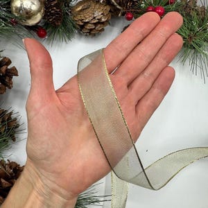Puede incluir: Una cinta dorada transparente con un borde dorado met&aacute;lico se sostiene en una mano. La cinta forma parte de una decoraci&oacute;n navide&ntilde;a, con agujas de pino, pi&ntilde;as y bayas rojas en el fondo.