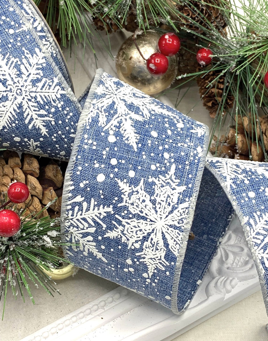 Denim Blue Snowflake Ribbon – 2.5