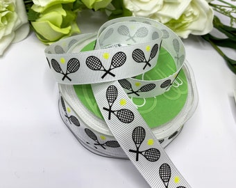 3/4" Tennis Ribbon, White Grosgrain with Tennis Ball and Racket Print, Sports Party Decoration