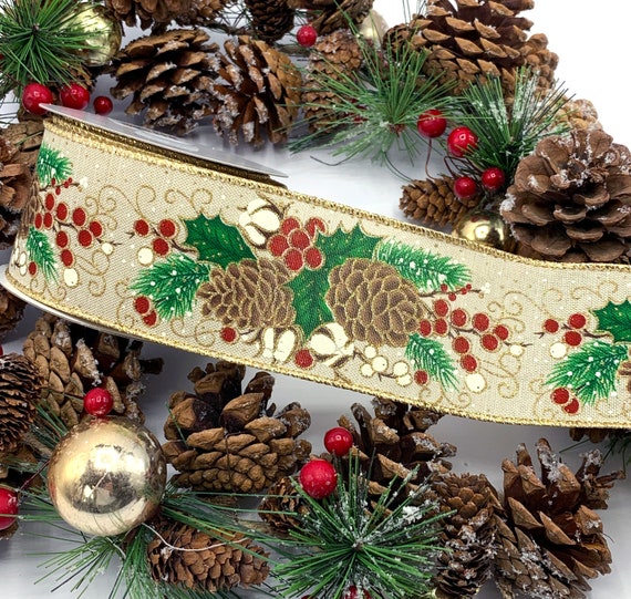 crafts per metre Luxury 2.5" christmas ribbon rustic gold glittered pine cone 