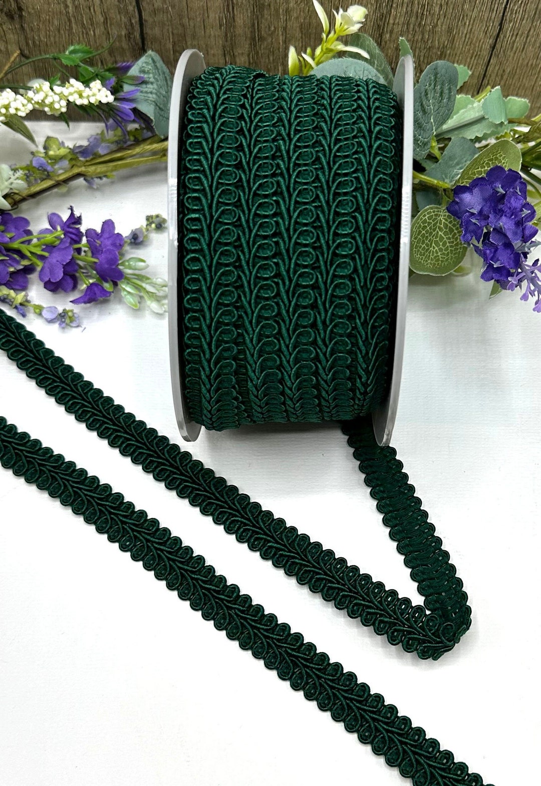 Bottle Green Upholstery Trim, 15mm / 5/8 Dark Green Scrolled Gimp Braid