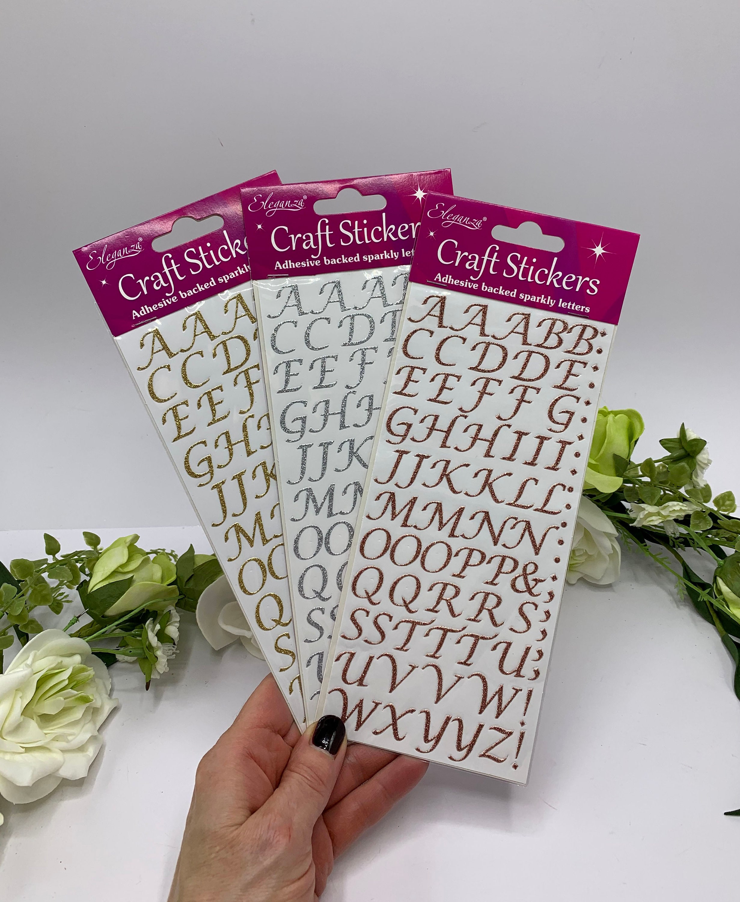 Glitter Letter Stickers - Rose Gold - Gold - Silver - peel off sparkly script letter embellishment for cards and weddings