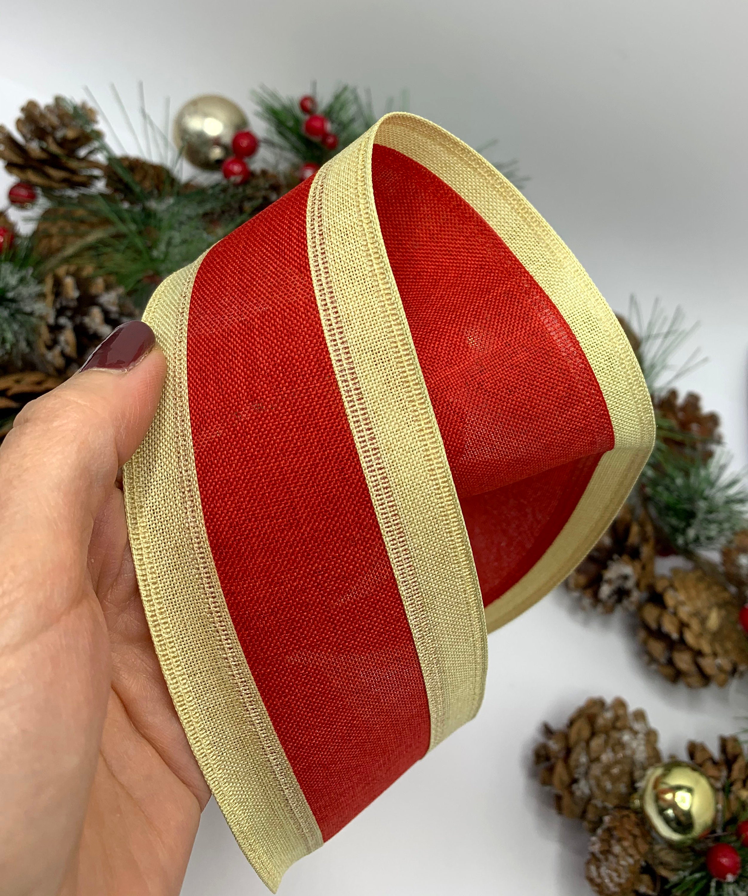2.5 Wire Edge Christmas Ribbon Ivory with Red Centre  Etsy