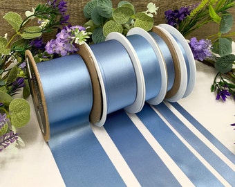 Ruban de satin double bleu poussière, bleu bleuet - mariages, baby showers, 8 largeurs de 1 m à 50 m - RUBAN RECYCLÉ respectueux de l'environnement