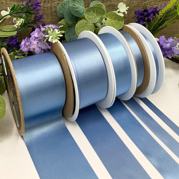 Dusty blue double satin ribbon, Cornflower blue - weddings, baby showers, 8 widths in 1m to 50m - Eco Friendly  RECYCLED RIBBON