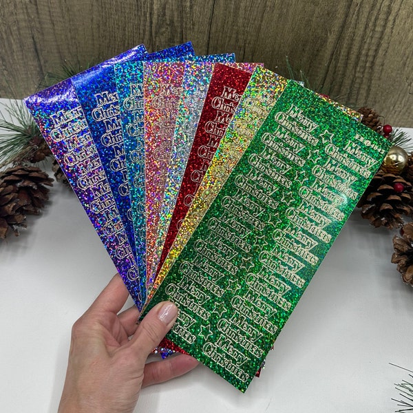 Holographic Merry Christmas stickers, peel off metallic embellishment for handmade Christmas cards, gifts and stationery - 8 colours