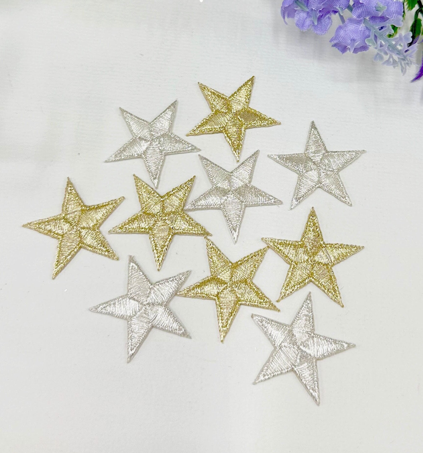 Iron on Metallic Star Patches in Gold or Silver, Small Embroidered Stars  for Christmas and Sewing 3cm Sold Individually 