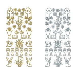 Stickers sainte communion - ornements religieux à décoller or ou argent - Stickers première communion déjoués - ange - bible - calice