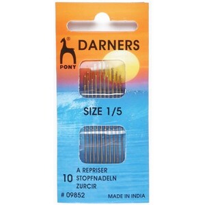 May include: A package of 10 Pony Darners sewing needles, size 1/5, in a blue and yellow box with a sun graphic. The package is labeled "A Repriser Stopfnadeln Zurcir #09852 Made in India".