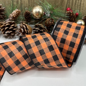 2,5-inch draadrand Buffalo-geruit lint in oranje en zwart, breed geruit lint voor Halloween- en herfstdeurkransen