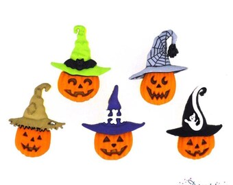 Halloween buttons, spooky sew on pumpkins for Halloween dressing up costumes, scrapbooks, cards and dressmaking, Jacks in Hats - 5 buttons