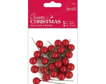 Decorative Red Holly Berries on wire stem for Christmas floral arrangements and wreaths, 24 Pack