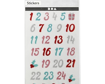Advent calendar glitter number stickers 1 to 24 - 0.5 inches - 1 pack - self-adhesive