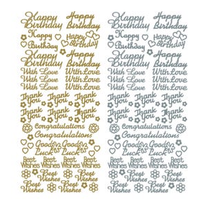 May include: Sheet of gold and silver decorative stickers with celebratory phrases. Features "Happy Birthday," "With Love," "Thank You," "Congratulations," and "Best Wishes" in a cursive font.