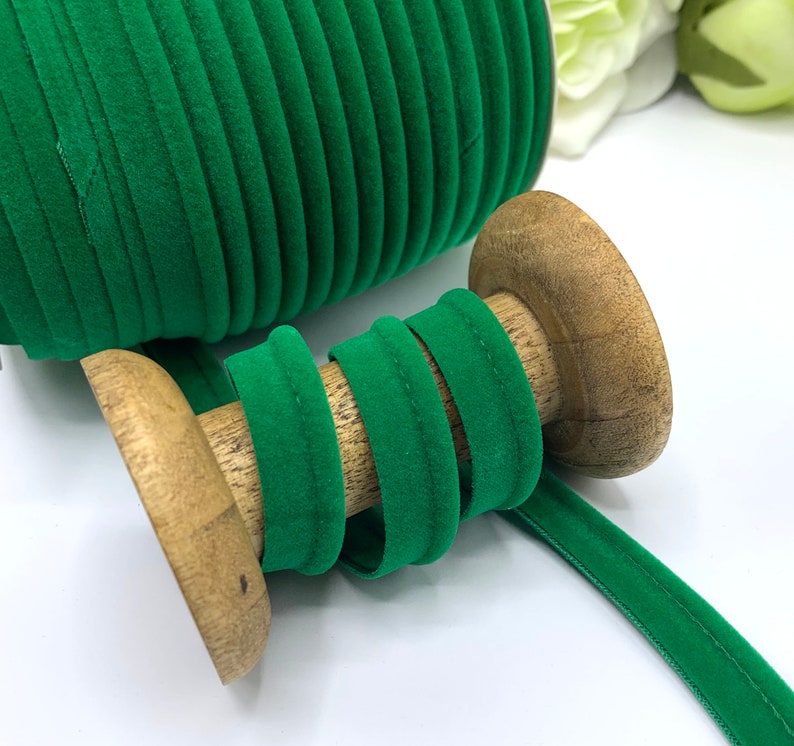 Flanged 10mm velvet piping cord, 3mm cord 7mm insertion tape for cushions, bags and home decor seams, premium quality velvet in 7 colours Emerald Green