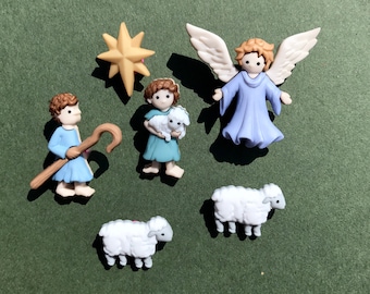 Christmas Buttons - Nativity embellishments, Angel Gabriel, shepherd with sheep and star for holiday crafting